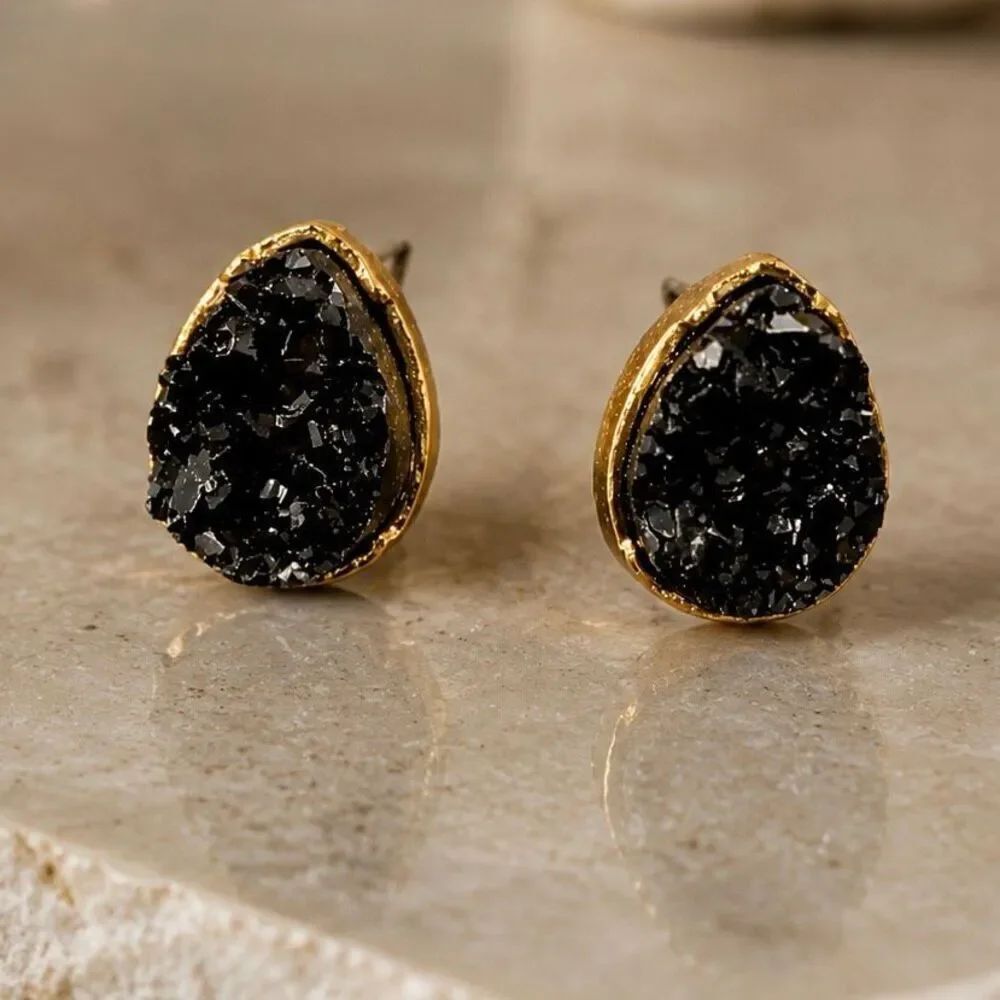Black Galaxy Teardrop Earrings – Faux Druzy Quartz Studs with Raw Edge